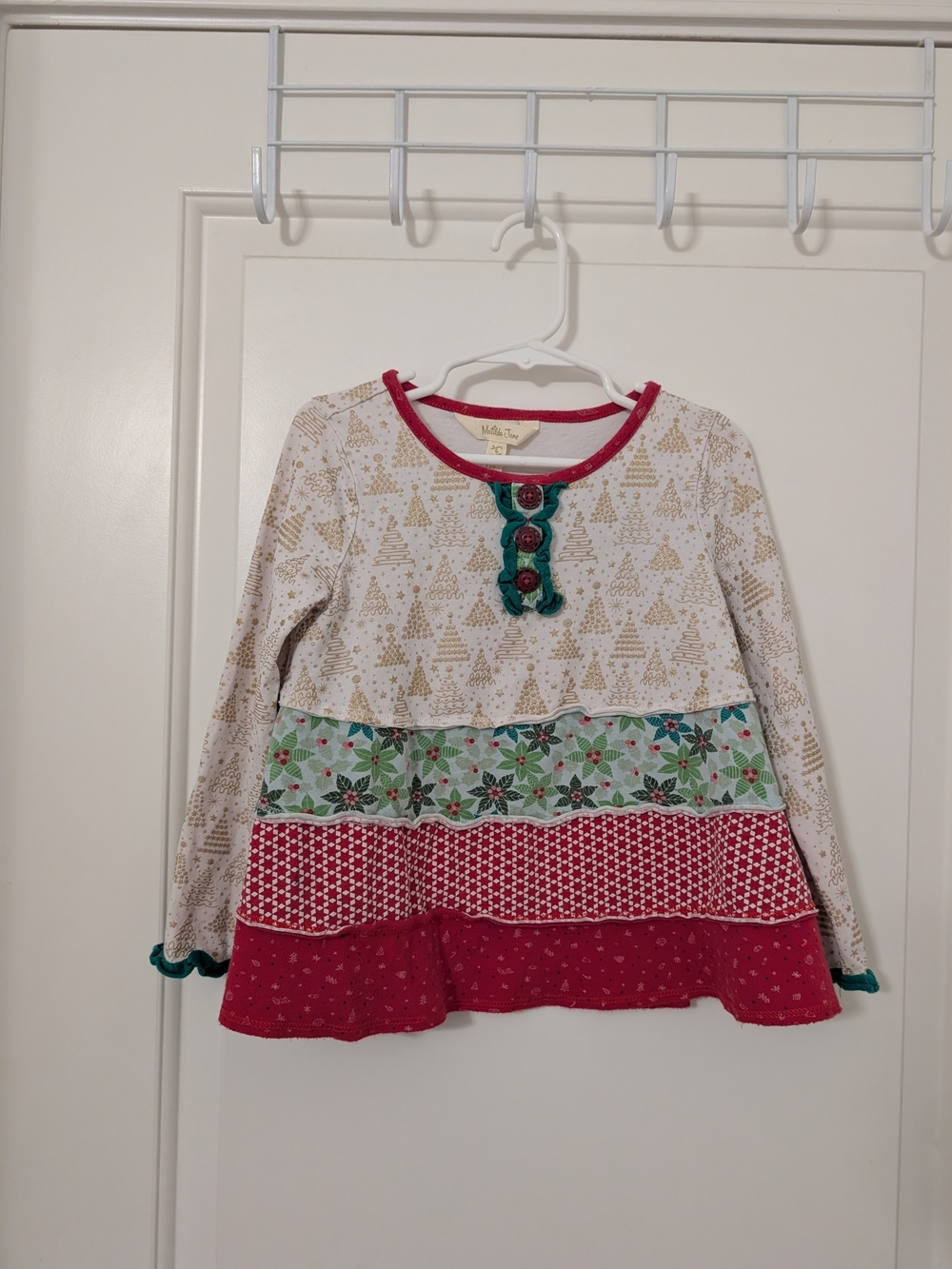 Matilda Jane Girls 6 Christmas Tunic Top Gold Trees Patchwork Ruffle